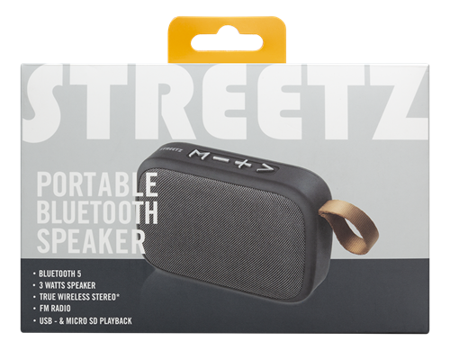 STREETZ bärbar BT högtalare med TWS och FM-radio, 3.5 mm, USB-A, micro-SD, svart