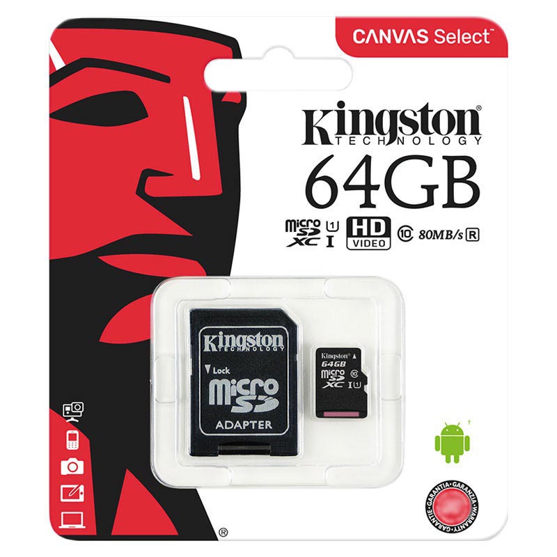 Micro-SD kort KINGSTON MICROSDHC 64 GB KLASS 10, MED ADAPTER TILL SD