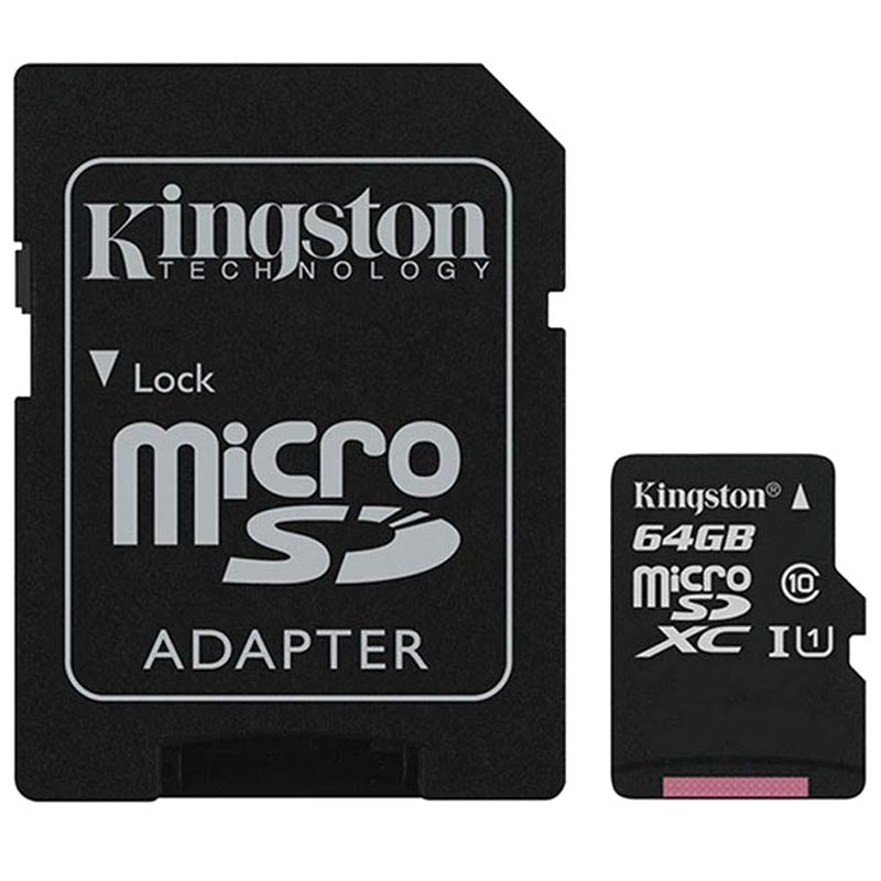 Micro-SD kort KINGSTON MICROSDHC 64 GB KLASS 10, MED ADAPTER TILL SD