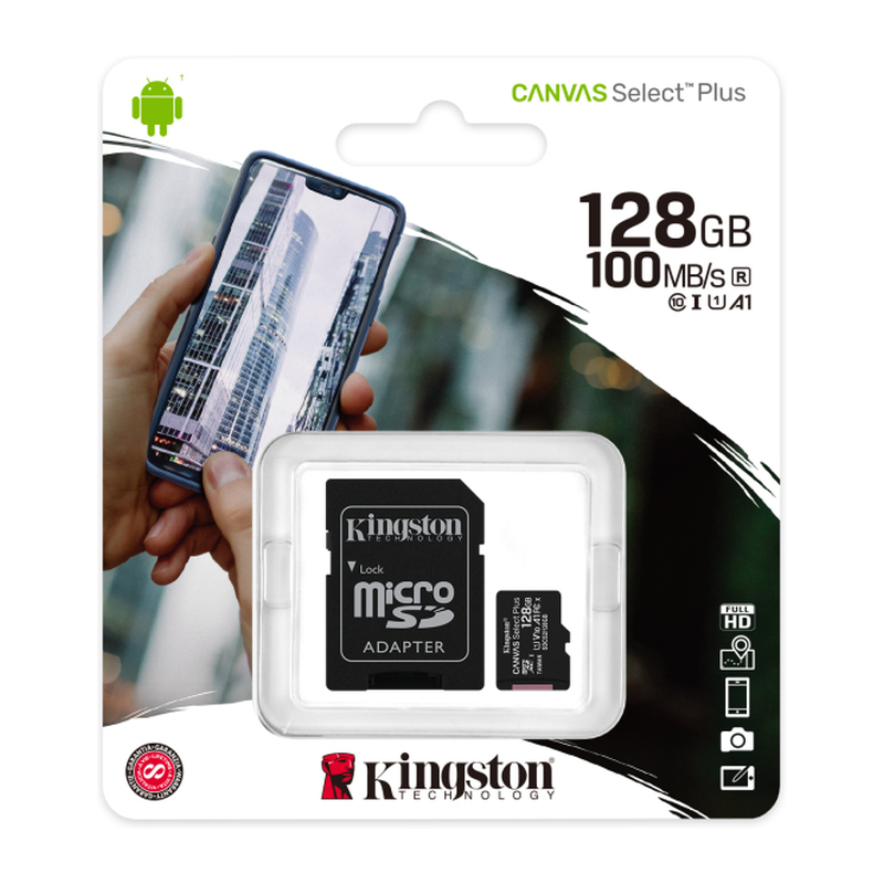 Micro-SD kort KINGSTON MICROSDHC 128 GB KLASS 10, MED ADAPTER TILL SD