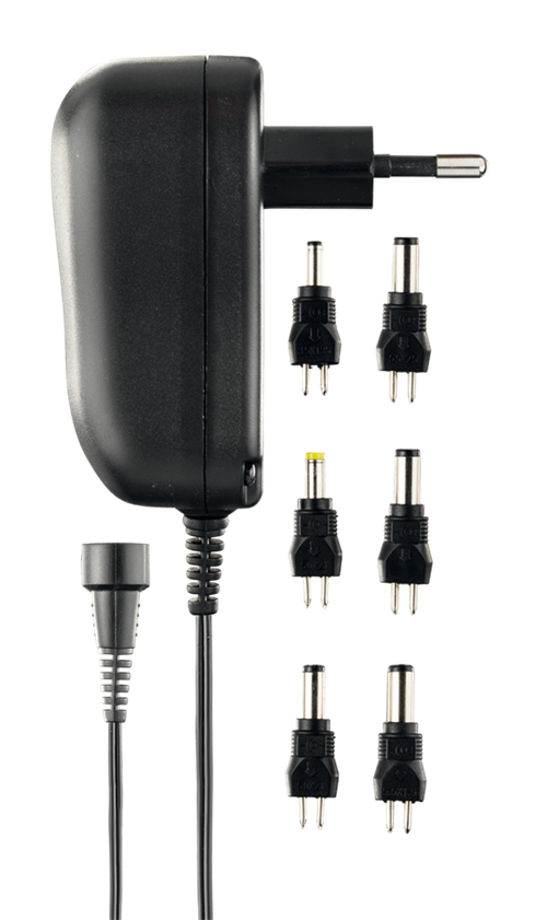 DELTACO nätadapter 110-230V till 3-12V DC, 600 mA, utbytbara kontakter, USB, svart