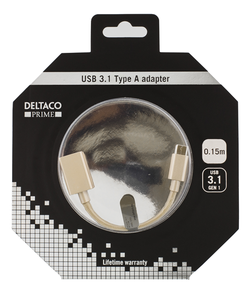 DELTACO PRIME USB 3.1 Gen1 adapter, tygklädd, USB Typ C ha - USB Typ A ho, 0,15m, guld