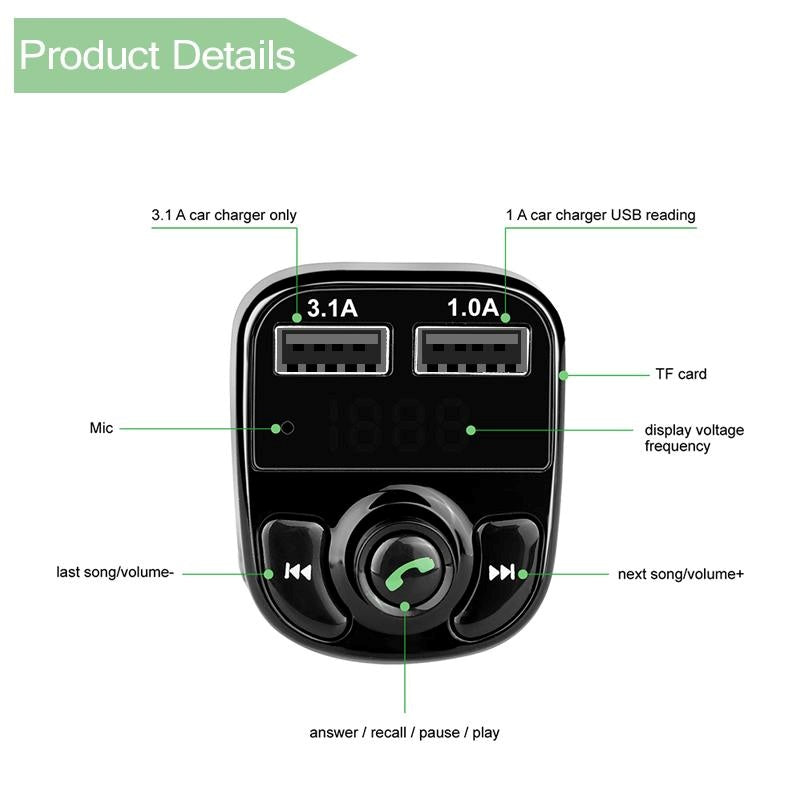 FM x8 Sändare Aux Modulator Bluetooth MP3-spelare med 3.1A