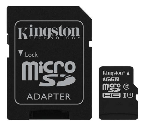 Micro-SD kort KINGSTON MICROSDHC 16 GB KLASS 10, MED ADAPTER TILL SD