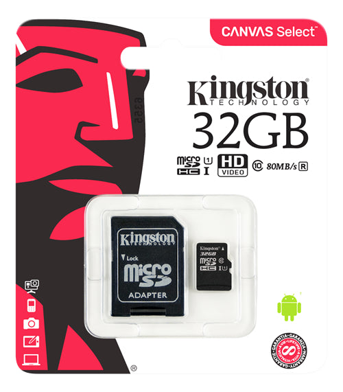 Micro-SD kort KINGSTON MICROSDHC 32 GB KLASS 10, MED ADAPTER TILL SD