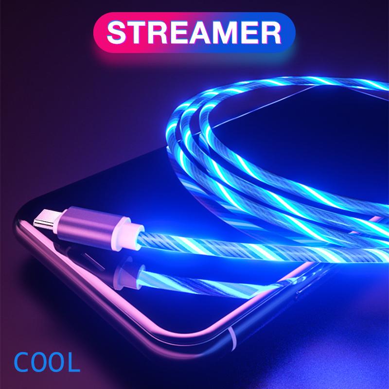 LED Glöd Flödande Typ C Kabel 2M Luminous Streamer TPE Legering kablar För Huawei Samsung Xiaomi Android Wire Cord